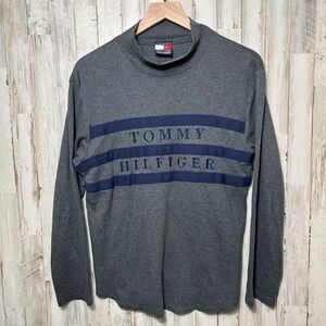 Vintage Tommy Hilfiger Gray Mock Neck‎ Long Sleeve Shirt Spell Out Womens Medium